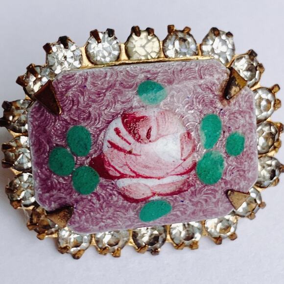 VTG 50s Reverse Painted Glass Rose Brooch Rhinestones Gold Tone Pin Mid Century - Picture 10 of 10